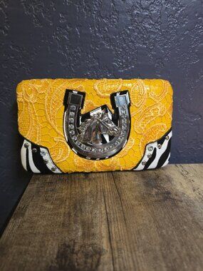 Alyssa Western HORSE Wallet Yellow/Black Zebra Print & Lace Silver Horseshoe NEW